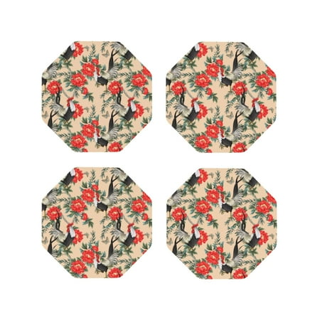 

Junzan Roosters And Peonies Flowers Print Coasters for Drinks - Leather Coasters Set of 4 for Coffee Table for Housewarming/Kitchen/Bar/Decor-Octagon