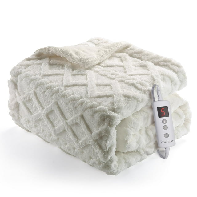 EcoSummer Heated Throw Blanket 50"x60" – Thick Tufted Sherpa Electric Blanket with 10 Heat Levels & 10 Timer Settings, ETL Certified Fast Heating Machine Washable Blanket, Off White