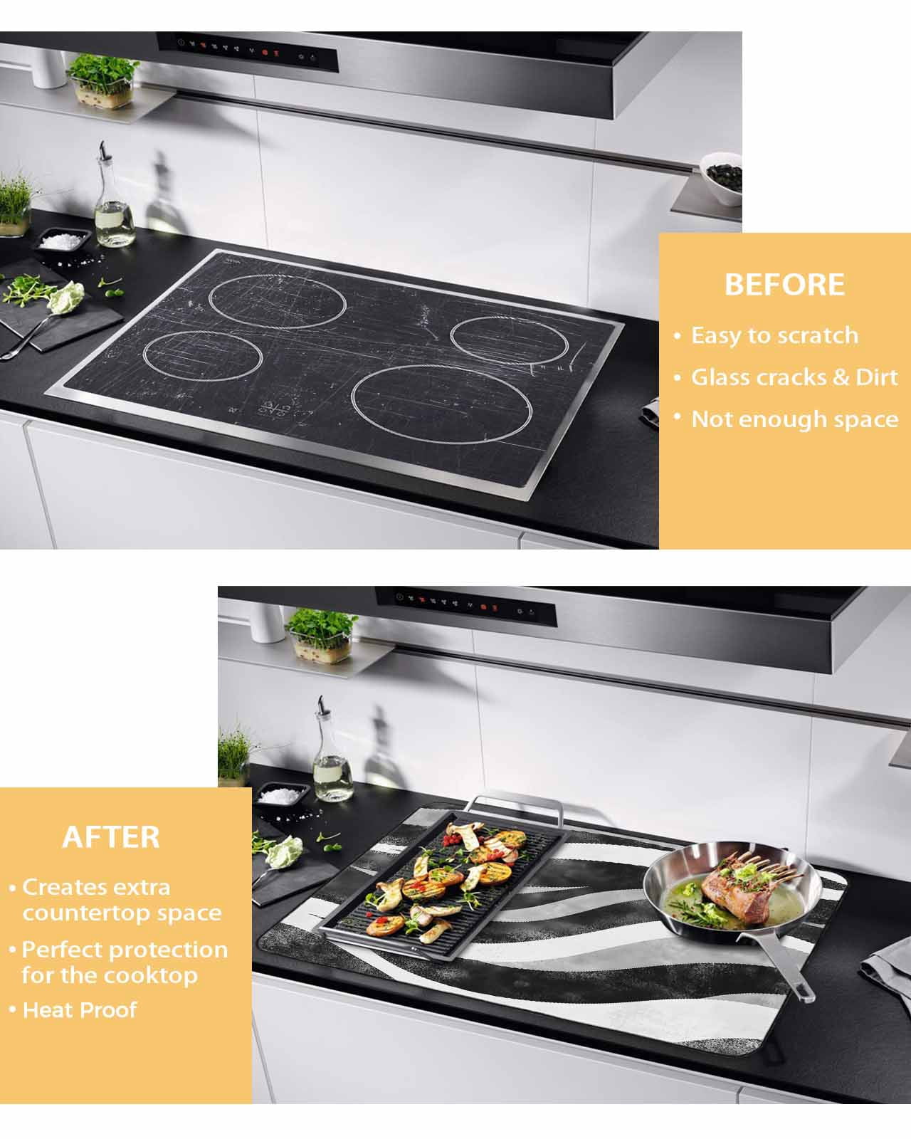 nqOlkjepod Large Induction Cooktop Protector Mat 24"x21", Black Waves Stove Top Covers for Electric Stove, Ombre Sea Ripples Shabby Beach Decorative Stove Burner Cover Mats, Glass Top Stove Cover