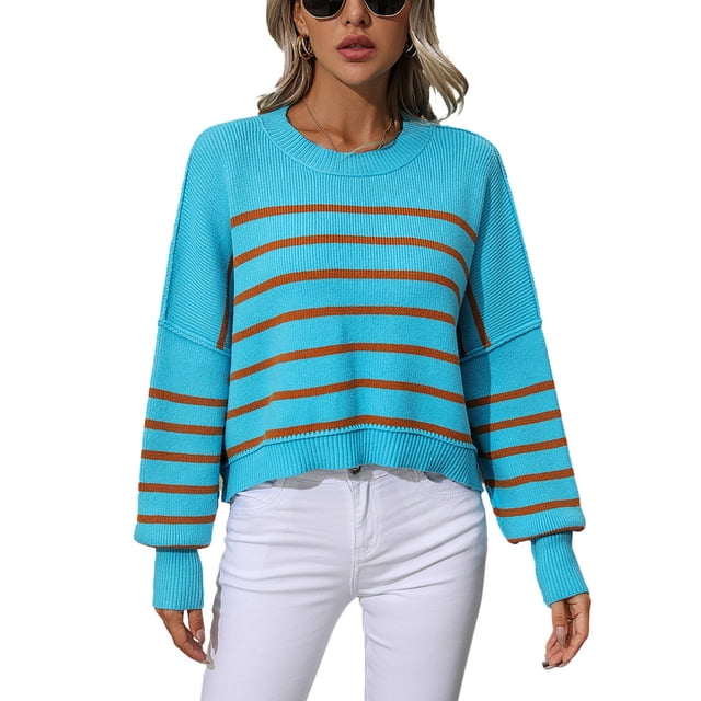 Honganda Chandail Ample pour Femmes à Rayures Manches Longues Chandail Tricoté pour Automne Mode Urbaine
