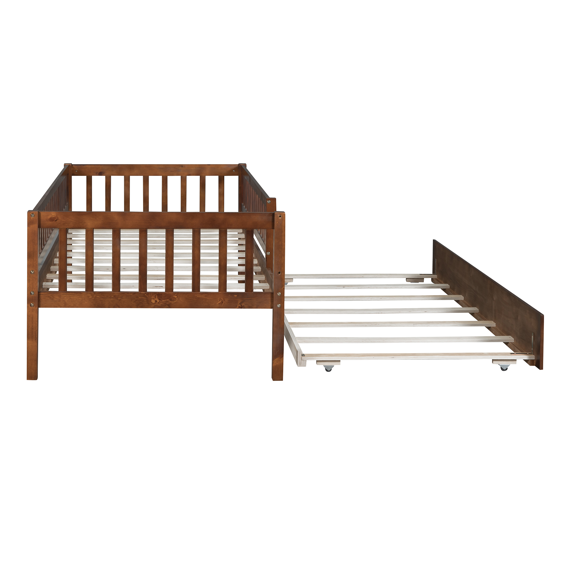 Holaki Twin Size Wood Bed with Trundle and Guardrails for Kids, Walnut