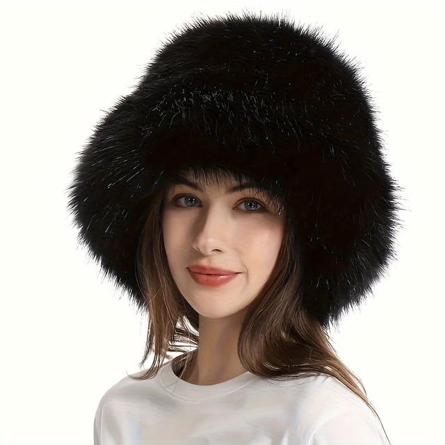 CNKOO Oversized Fluffy Faux Fur Bucket Ear Protection Hat For Women Trendy Solid Color Warm Thick Plush Basin Hats Ear Protection Coldproof &Windproof Winter Warm Basin Hat