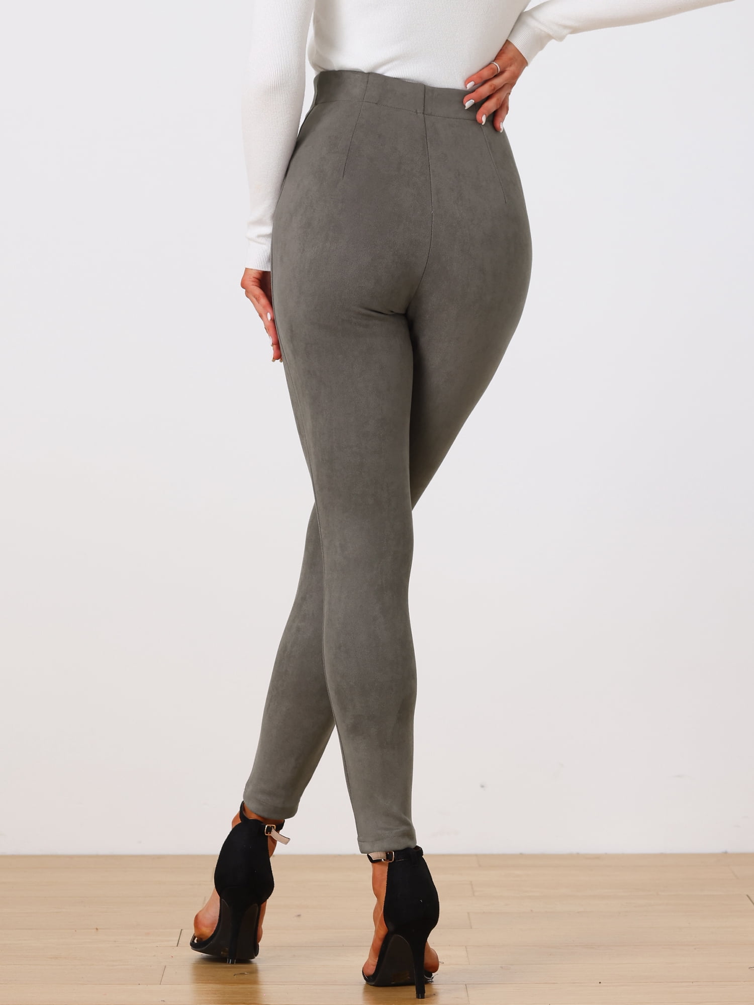 Unique Bargains Womens' Velvet Elastic Waist Side Zipper Narrow Leg Skinny Casual Pants L Dark Gray