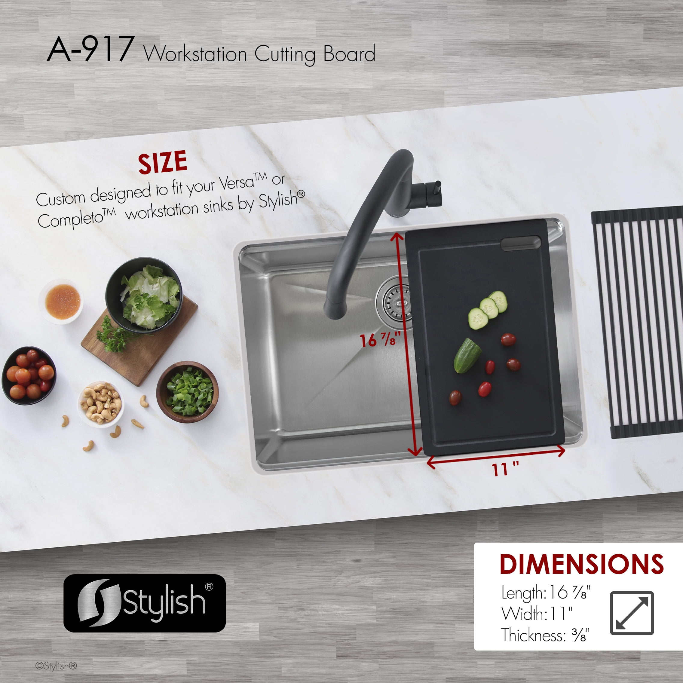 16 7/8" Black Wood Fiber Workstation Cutting Board