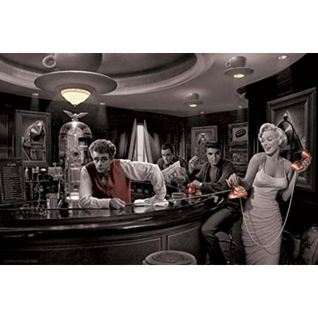 Java Dreams with James Dean Marilyn Monroe Elvis Presley and Humphrey Bogart by Chris Consani 36x24 Art Print Poster Celebrity Movie Stars At Coffee Bar Icons Hollywood by Scorpio Posters