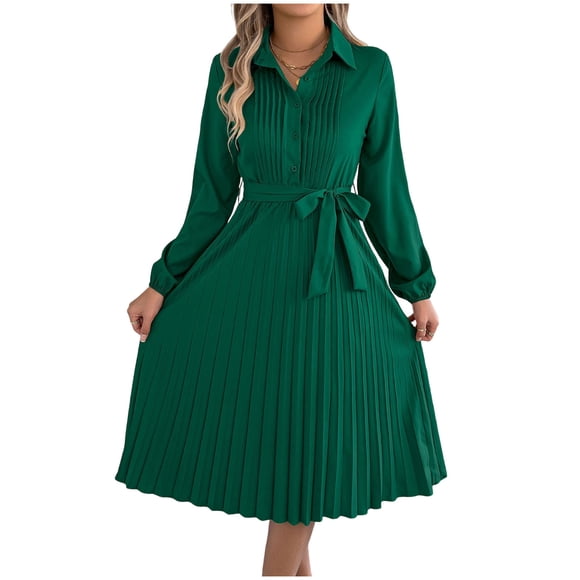 Wo-Fusoul Dress for Women, Casual Long Sleeve Turndown Collar Maxi Dress, Solid Color Summer Long Dress, Green, Size L