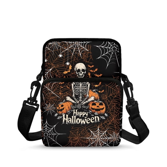 FUIALDOLG Satchel Bags Halloween Skeleton Pumpkin Decoration Lightweight Crossbody Purse for Shop, Stretch Polyester Portable Over Shoulder Purse