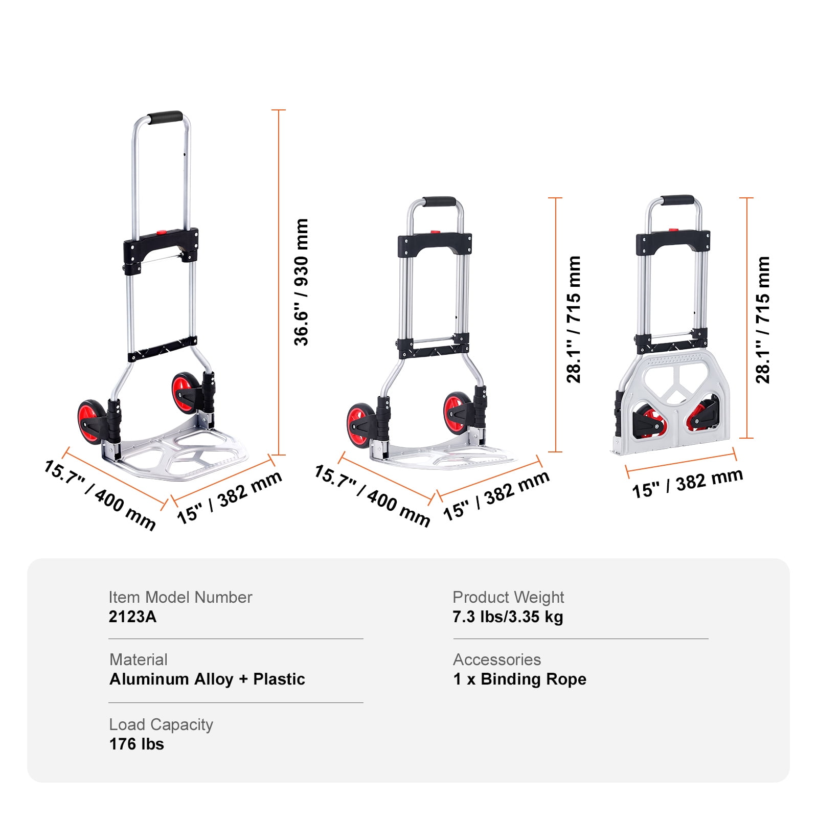 VEVOR Folding Hand Truck Aluminum Luggage Trolley Cart Dolly 176 lbs Bungee Cord