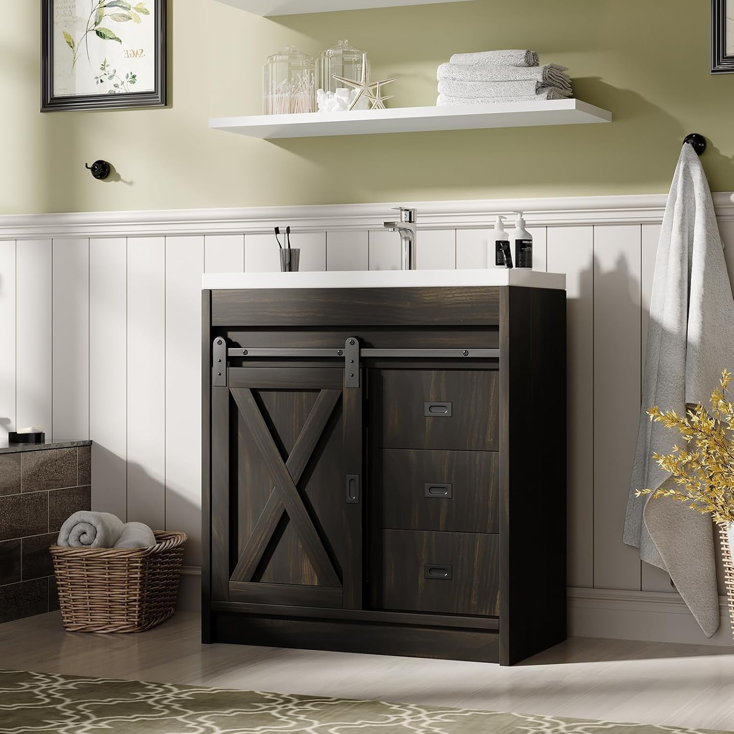 DreamCurship Bathroom Vanity with Sink Combo, White Bathroom Storage Cabinet with Drawers, Farmhouse Bathroom Vanity Cabinet with Sliding Barn Doors, Oak
