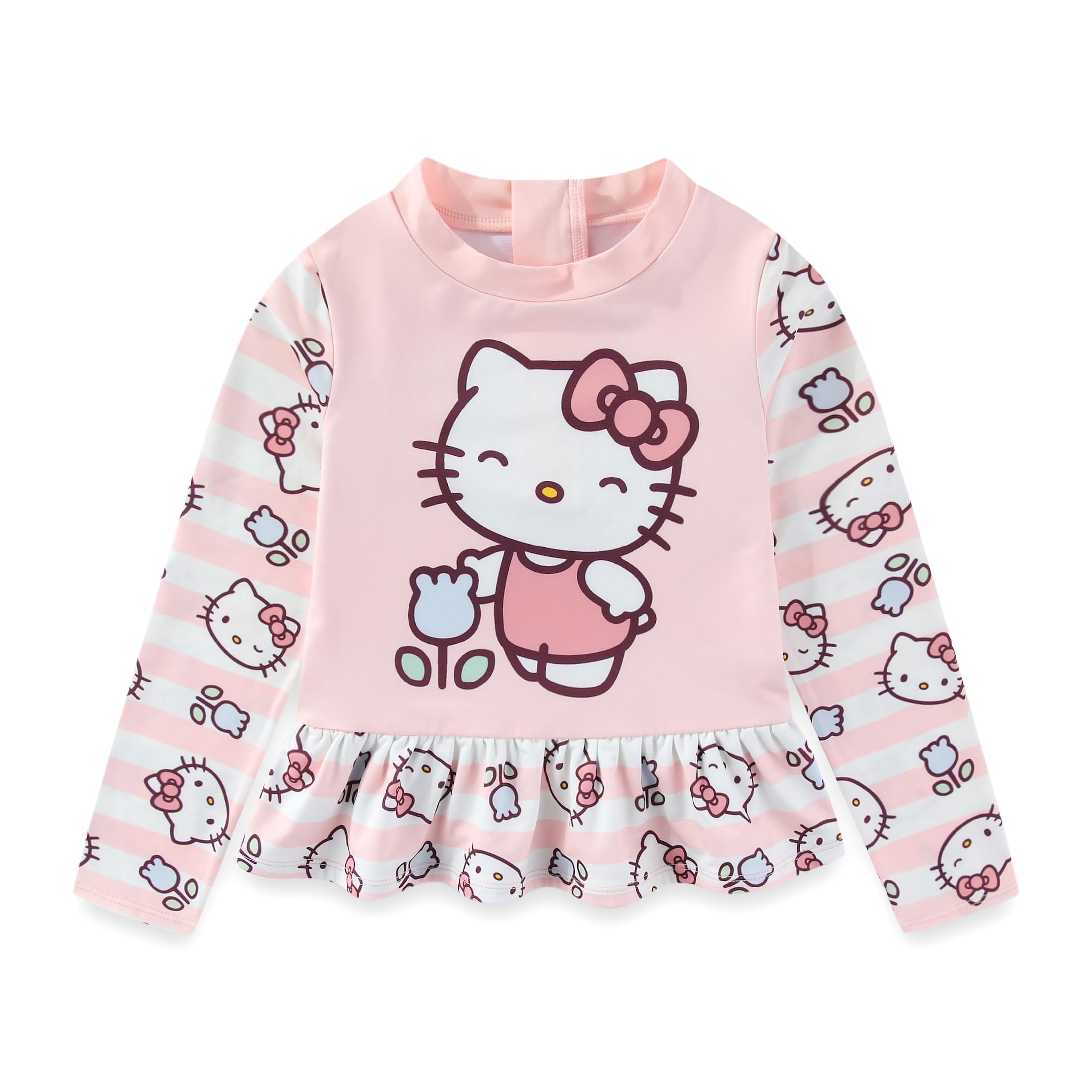 Hello Kitty Sanrio UPF 50+ Long Sleeve Rash Guard and Bikini Bottom Two Piece Swimsuit Set (Girls), Sizes 5-10