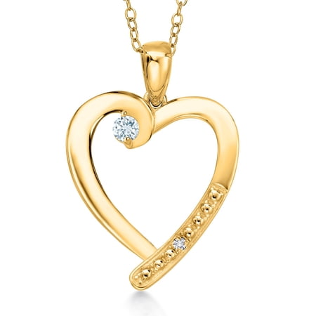 Gem Stone King 18K Yellow Gold Plated Silver Sky Blue Aquamarine and White Diamond Heart Pendant Necklace for Women | 0.19 Cttw | Gemstone March Birthstone | Round 3.5MM | With 18 inch Chain