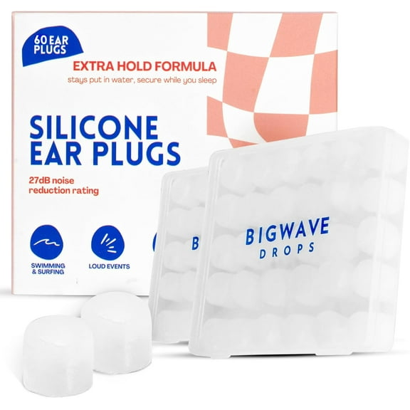 BigWave Drops Comfortable Silicone Putty Ear Plugs (60 Piece) - Wax Ear Plugs for Swimming, Studying, Traveling, Shooting - Reusable, Noise-Cancellation & Water Protection - Swimming Ear Plugs