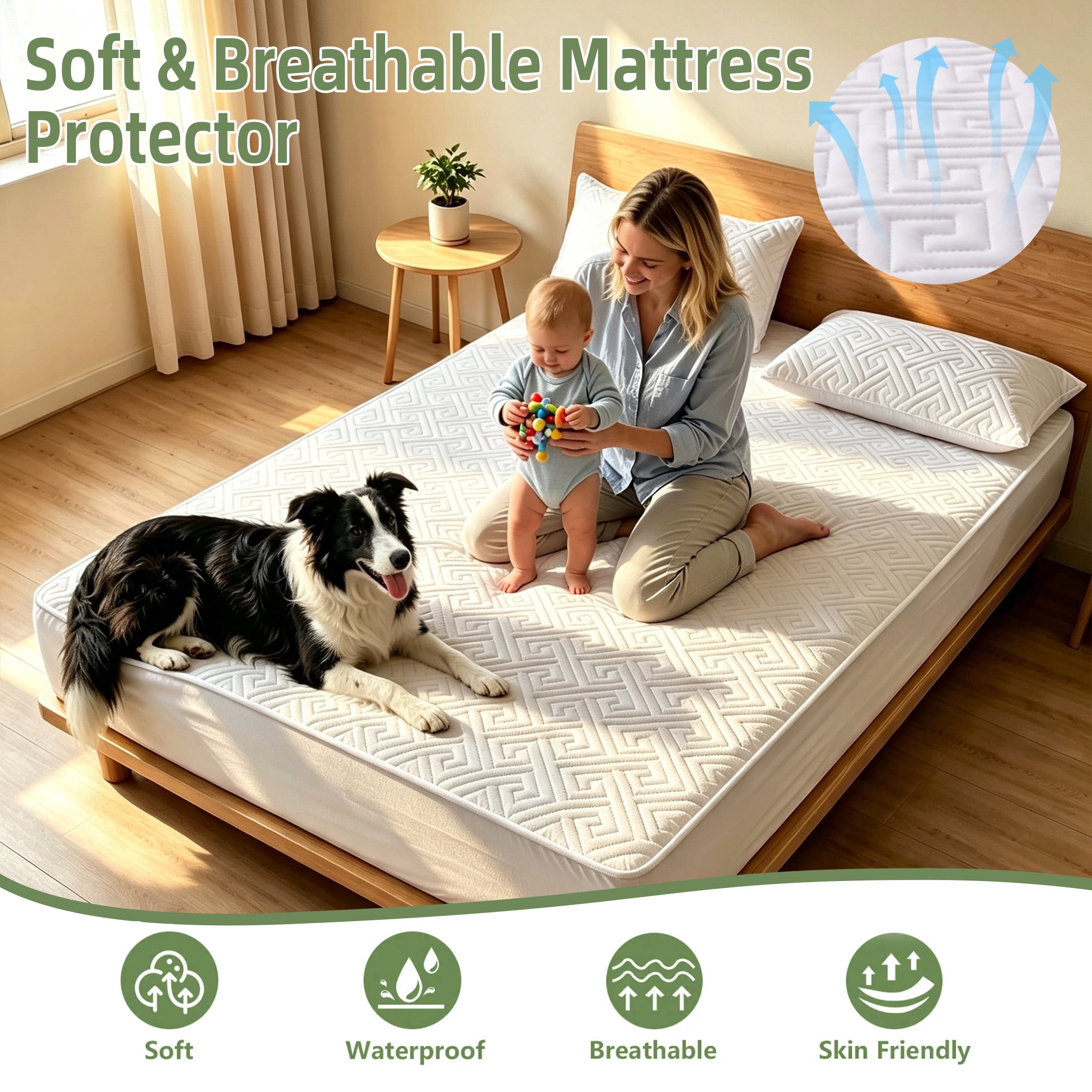 GARITIN Queen Waterproof Mattress Protector, Breathable Mattress Cover with 11 Inch Deep Pocket Elastic Skirt, Washable Bed Mattress Pad for Kids Pets Bedroom