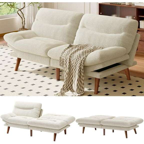 AMADA HOMEFURNISHING Futon Sofa Bed with Adjustable Backrest & Armrests, Convertible Futon Sofa Couch for Small Spaces, Living Room or Office, Corduroy Futon Sofa Bed(White)