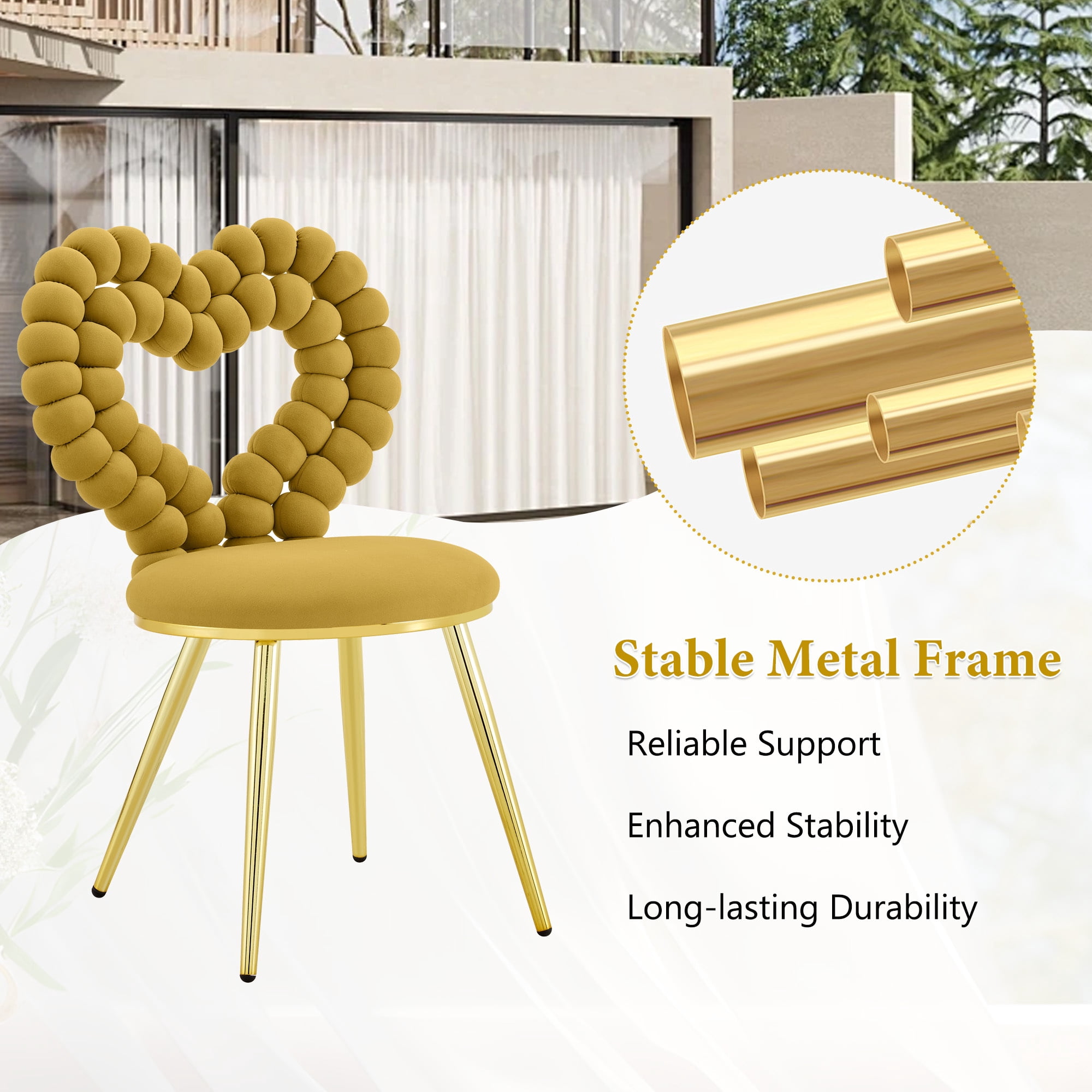 Leumius Set of 2 Unique Heart Bubble Tufted Accent Chair, Plush Velvet Chair with Shiny Gold Metal Frame, Cute & Modern Seating for Home Decor Yellow