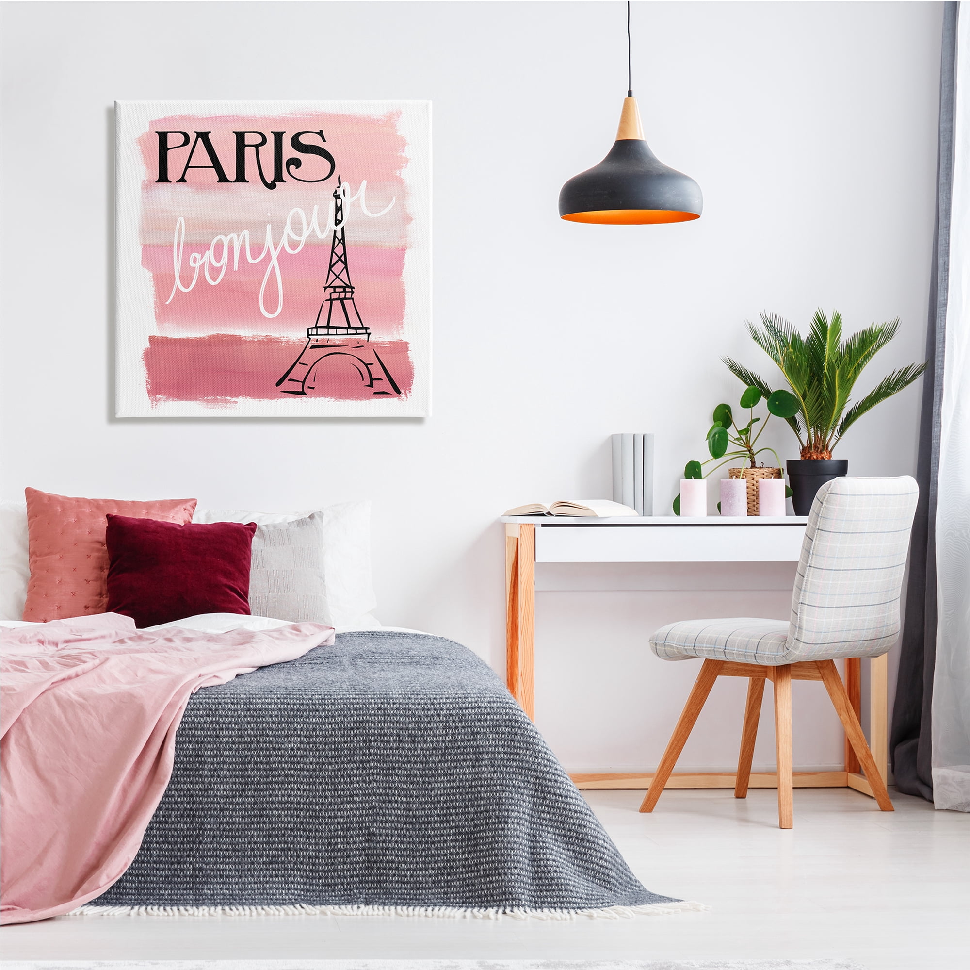 Stupell Industries Paris Bonjour French Eiffel Tower Abstract Pink Stripes, 30 x 30, Design by Nan
