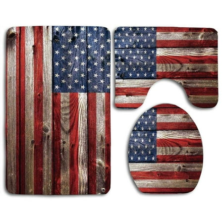 GOHAO Rustic American Usa Flag Fourth July Independence Day Weathered Retro Wood Wall Looking Country Emblem 3 Piece Bathroom Rugs Set Bath Rug Contour Mat and Toilet Lid (Best Way To Use Bathmate)
