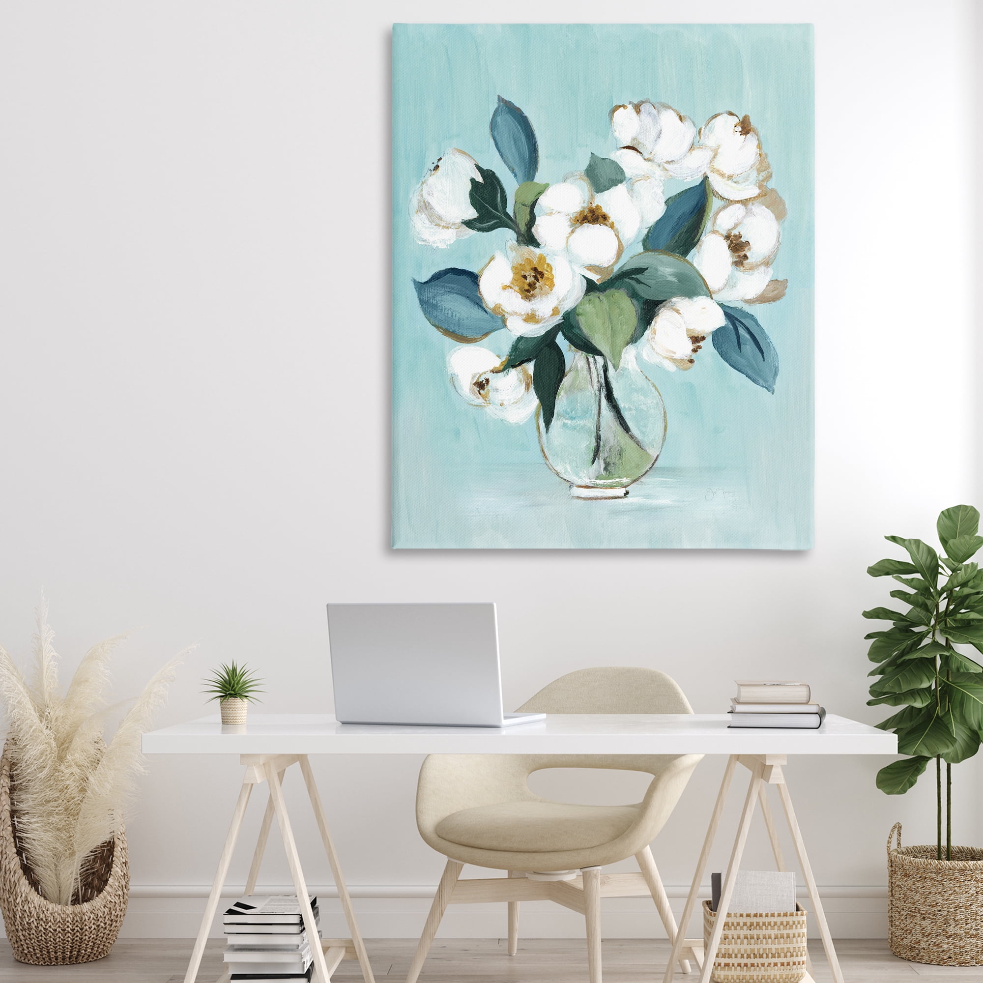 Stupell Industries Magnolia Arrangement over Blue Canvas Wall Art, design by Janet Tava