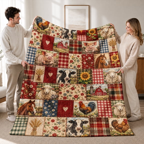 SPXUBZ Soft Warm Cozy Country Farmhouse Animals Red Plaid Quilt Flannel Throw Blanket For Bed Couch Sofa Rustic Decor Gift