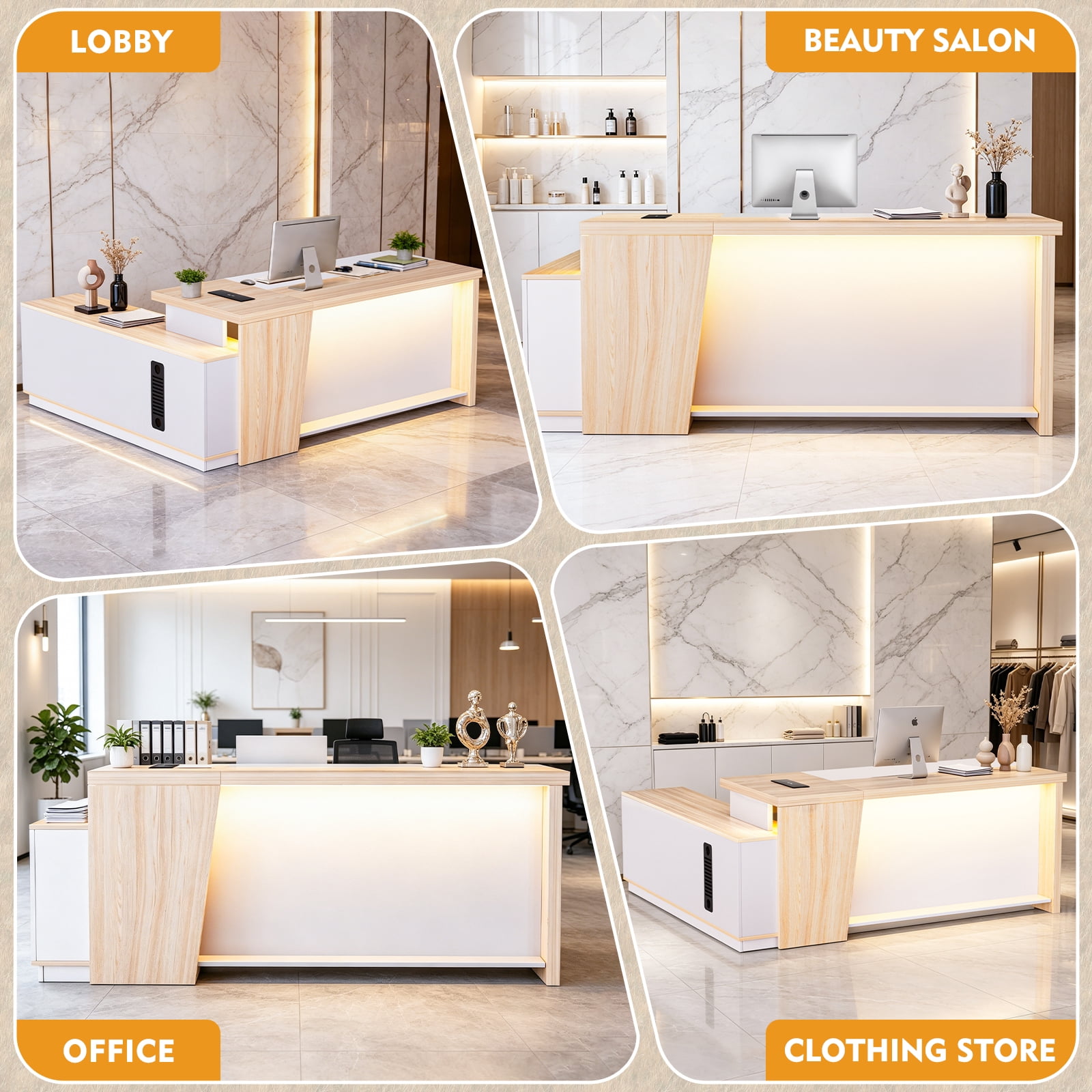 Vakiorn L Shaped Reception Desk with LED Lights Hidden Power Outlet Modern Front Desk Combination Lock Cabinet for Lobby Beauty Salon Spa Office