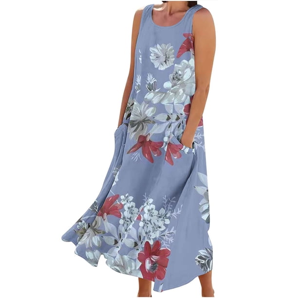 Vestido de Verano para las Mujeres sin Mangas Lino-Look Impreso Maxi, Suelto Fluido Y Vestido Sexy de Moda para las Mujeres