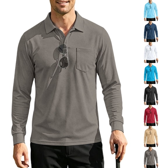 Hearthz Men's Polo Shirts Soft Breathable Moisture Wicking Cotton Long Sleeve Shirt Men Plain Collared Mens Golf Polo Shirts with Pocket Navy L