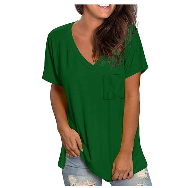 Puntoco - Camiseta de manga corta para mujer, cómoda, informal, cuello en V, bolsillo sólido, ajuste holgado Puntoco Puntoco-731