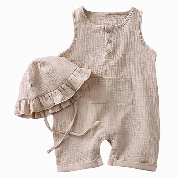 mgoYE Baby Girl Clothes Summer Romper Outfits for Girls Cute Infant Toddler One-Piece Jumpsuit Ruffle Shorts Sets with Hat|Beige 0-3 Months