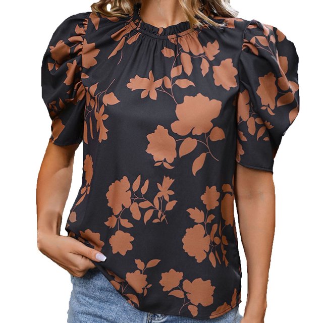 Tops Cortos para las Mujeres Manga de Herradura Impresa Manga Corta Cuello Redondo, Top de Moda para Primavera Verano Casual