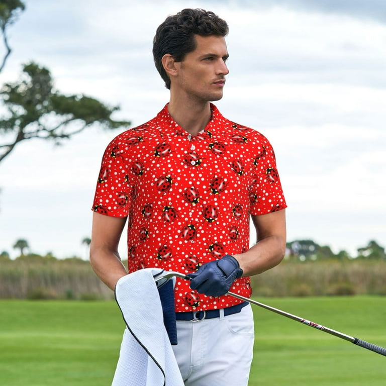 Zeuib Red Ladybugs On White Dotted Print Men's Athletic Fit Golf