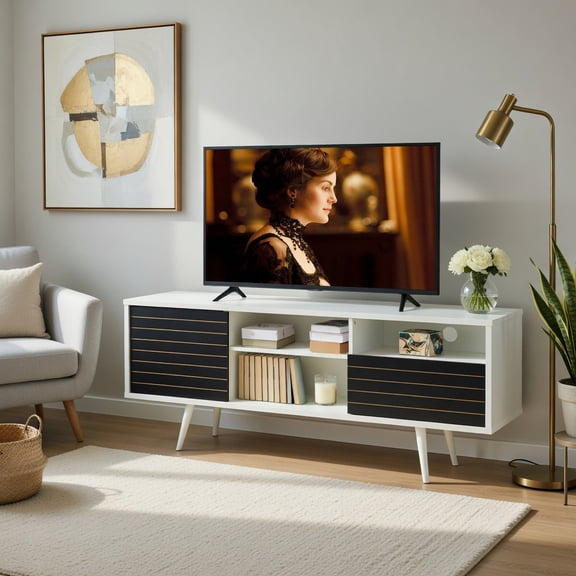 Resenkos Entertainment Centers,TV Stands,Mid-Century Modern TV Stand for TVs up to 65 Inch with Storage Shelves