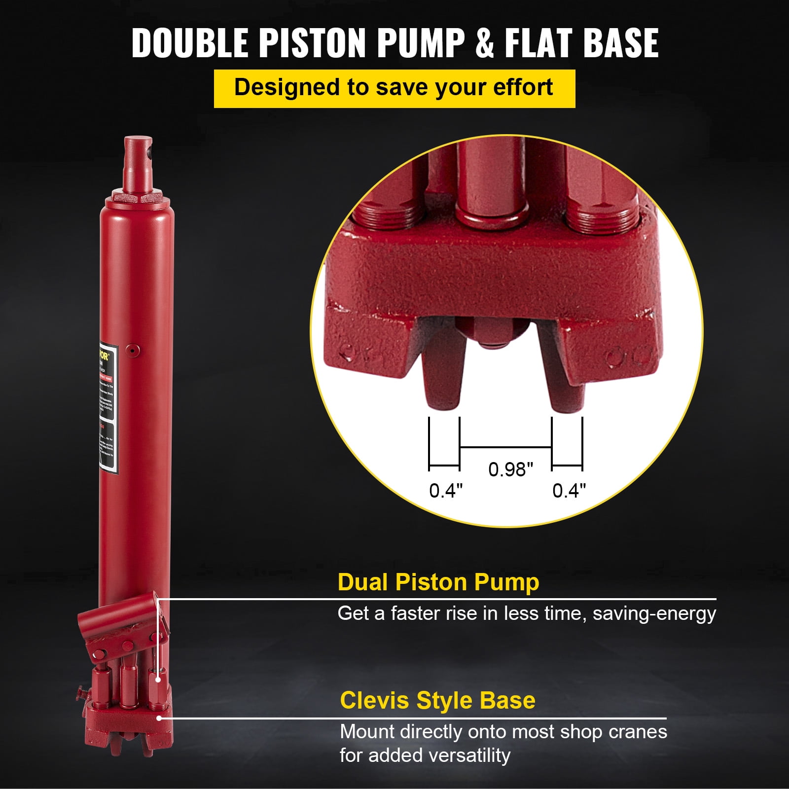 VEVOR Hydraulic Long Ram Jack, 8 Tons/17636 lbs Capacity, with Dual Piston Pump and Clevis Base, Manual Cherry Picker with Handle, for Garage/Shop Cranes, Engine Lift Hoist, Red