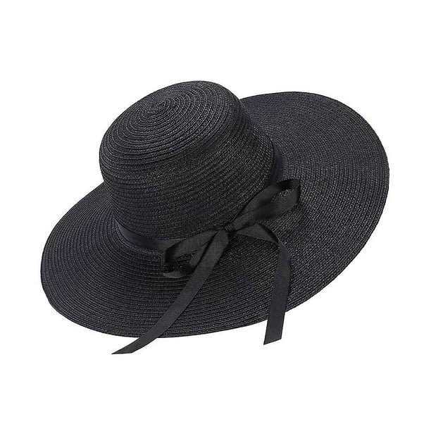 Sombrero de paja para mujer, sombreros plegables con lazo de verano, sombrero para el sol (negro)