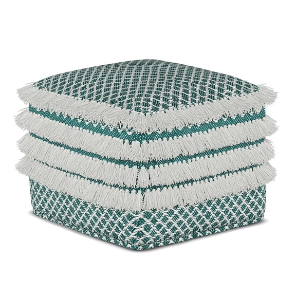 Simpli Home Leah Boho Square Woven Pouf in Turquoise and White