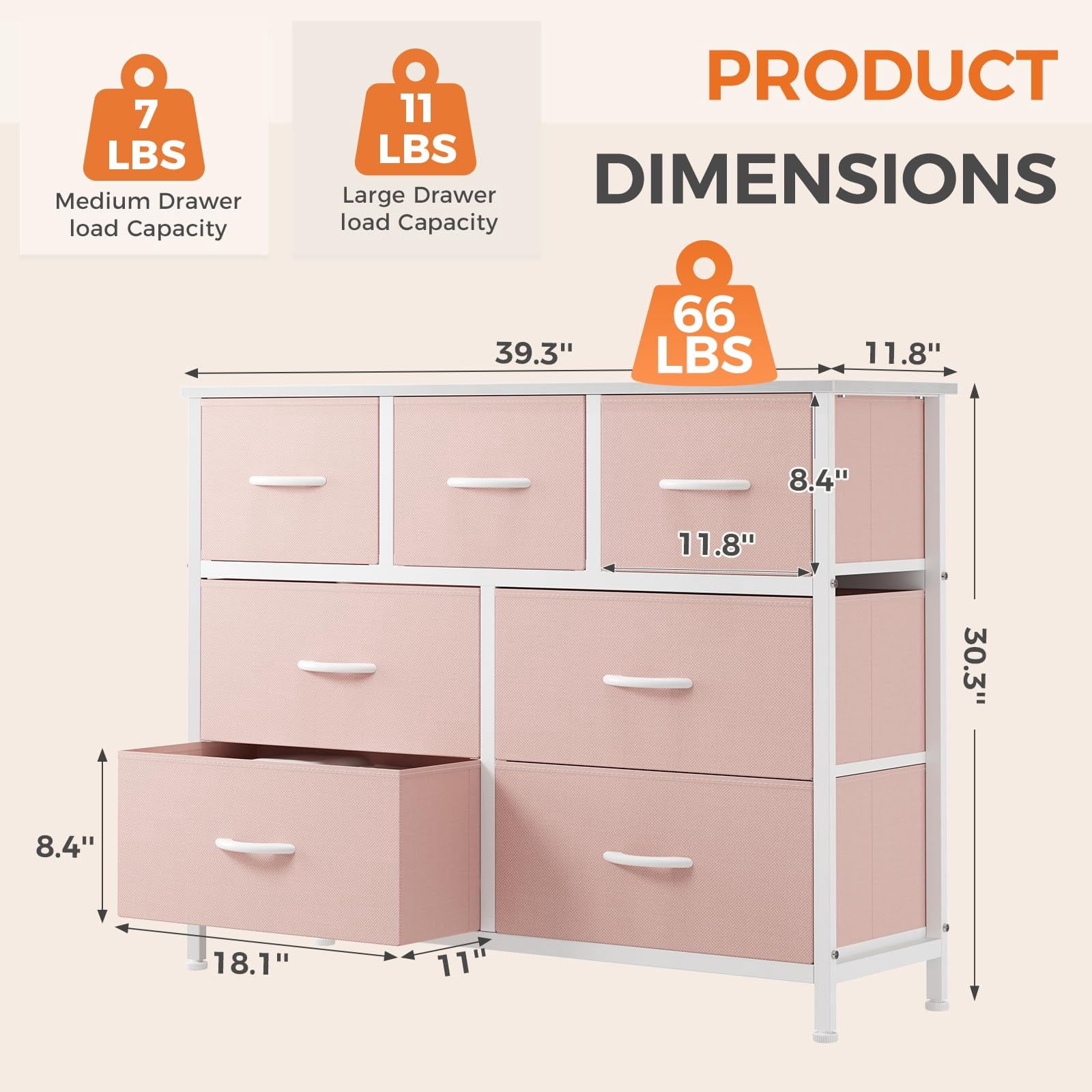 Telyra 7-Drawer Fabric Dresser TV Stand Organizer with Wood Top and Metal Frame Wide Storage Chest, Pink