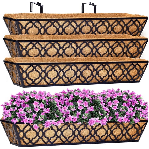 Y&M 36 Inch Window Deck with Nonwoven Fabric Liner, 36" Boxes Horse Trough Coco Basket Railing Planter Metal Hanging Flower for Outdoor Garden Fence Lawn, 4packs