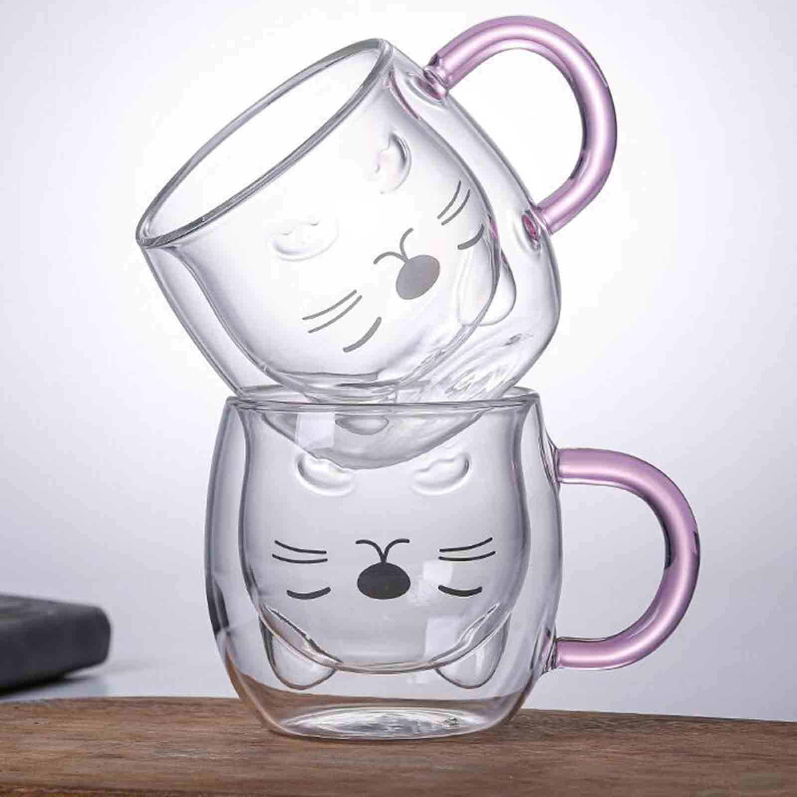 JASHII Glass Mugs Double Wall Glass Mug with Handle, Bear Cat Animal Double-Layer Glass Mug Coffee Cup, Christmas Mug Gift,Cute Tea Milk Cup. 