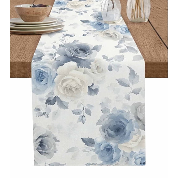 Blue White Floral Table Runner 48 Inches, Botanical Garden Flowers Leaves Bed Runner Dresser Scarves Tabletop for Indoor Outdoor Parties/Ceremony/Banquet, 13" x 48"