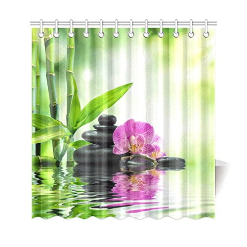 ARTJIA Japanese Zen Shower Curtain, Purple Orchids Spa Stones Polyester ...