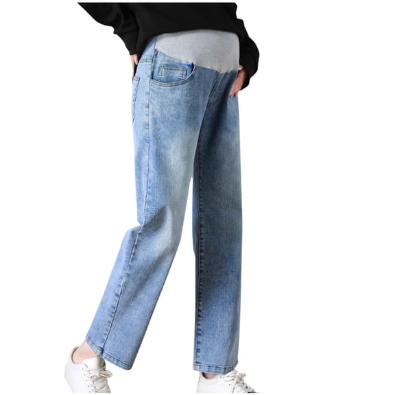 Amzcrzy Maternity Jeans Stretch Barrel Elasticated Waist Cropped for Women's Pants Clothing Denim with Pockets