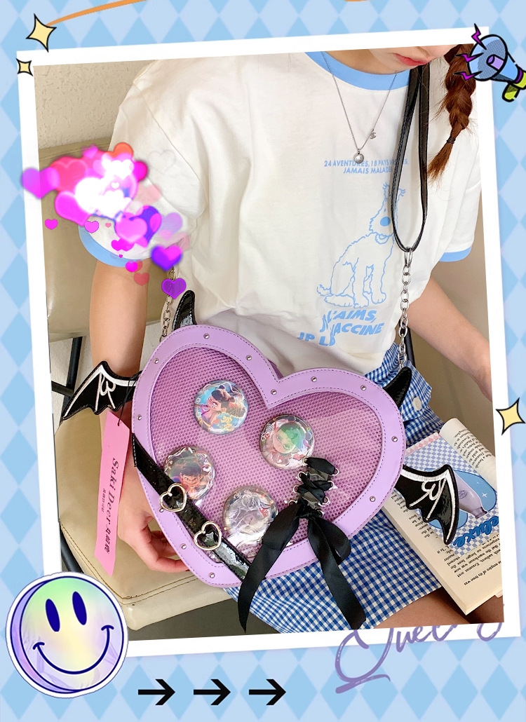 Baugery Anime Heart Ita-Bag - Kawaii Lolita Japanese JK Handbag, Cute Cutecore PU Leather Crossbody/Shoulder Purse with Adjustable Strap for Daily/Cosplay