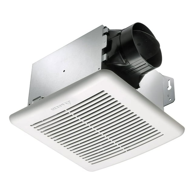 Delta Breez GreenBuilder Ventilation Bath Fan 80CFM with Humidity Sensor in white, designed for efficient bathroom ventilation. Features a square grille, galvanized steel housing, and a brushless DC motor for quiet operation at less than 0.8 Sones. Offers adjustable humidity control, continuous low-speed ventilation options, and is UL-approved for ceiling or wall mount installation in wet environments. Blue and amber LED indicator lights simplify operation, making it ideal for bathroom exhaust needs.