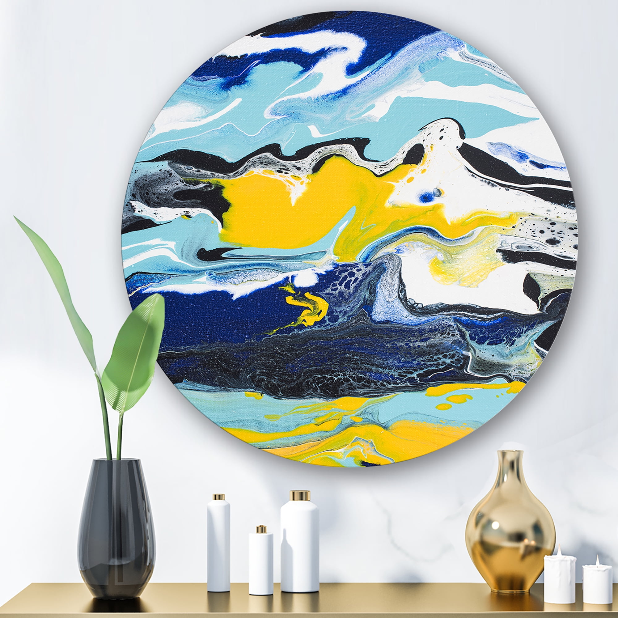 Designart 'Abstract Marble Composition In Blue and Yellow II' Modern Circle Metal Wall Art 11x11 - Disc of 11