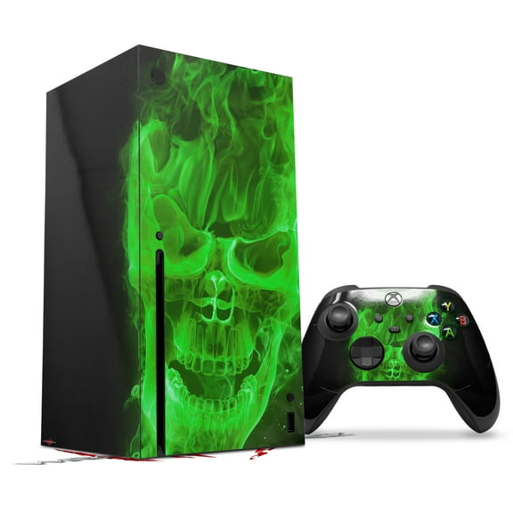 WraptorSkinz Skin Wrap compatible with the 2020 XBOX Series X Console and Controller Flaming Fire Skull Green (XBOX NOT INCLUDED)