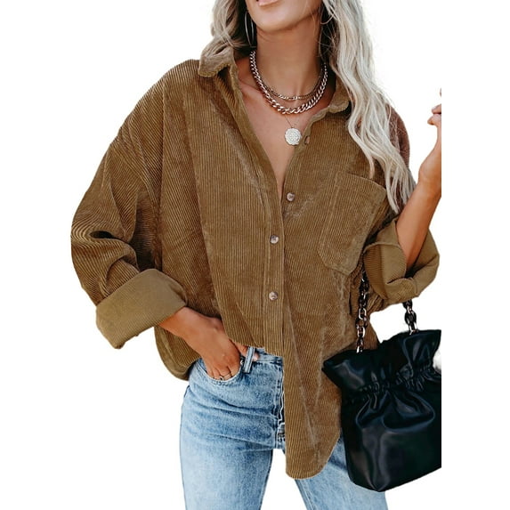 Uhndy Womens Corduroy Shirts Casual Long Sleeve Button Down Blouses Oversized Jacket Tops-LQ