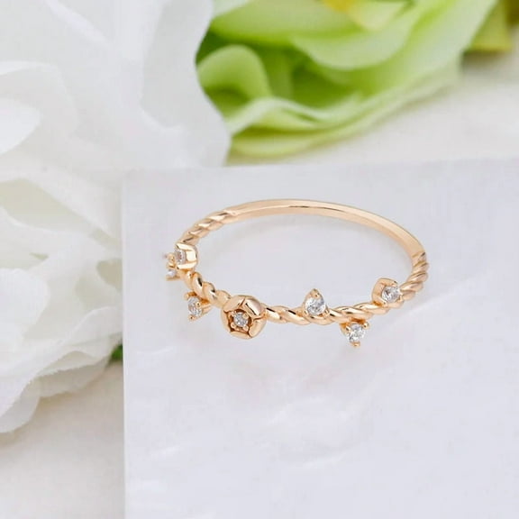 Rose Flower Wedding Band, Delicate Diamond Stacking Matching Minimalist Band, Rose Gold Floral Promise Ring, Women Anniversary Gifts