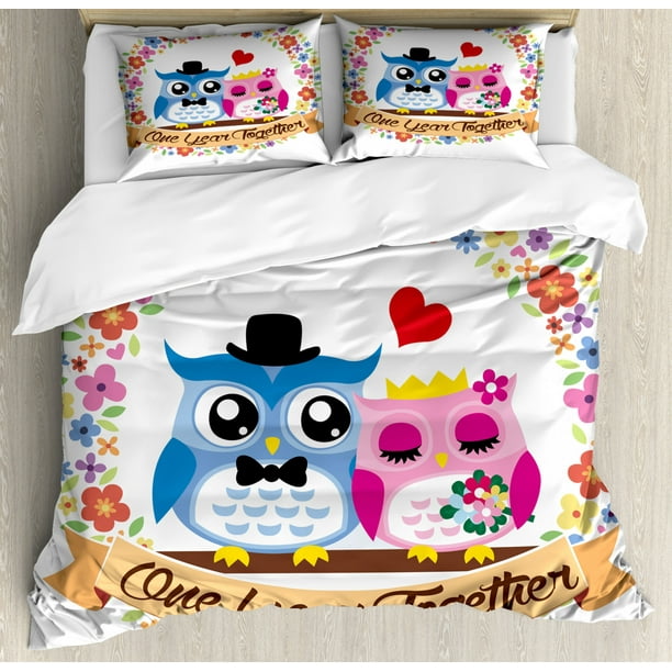 Owl Duvet Cover Set King Size Cartoon Style Composition With Simplistic Plants And Animals One Year Together E Decorative 3 Piece Bedding 2 Pillow Shams Multicolor By Ambesonne Com Owl Duvet Cover Set King Size Cartoon, King Size Owl Bedding Set