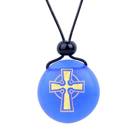 Glass Purple Cross - Amulet Frosted Sea Glass Stone Ancient Viking Celtic Cross Good Luck Power Royal Blue Adjustable Necklace