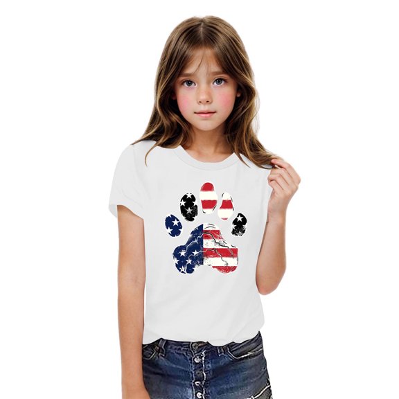 Freshbabe Kids Bule White and Red Distressed Print Crew Neck T-Shirt 4th Of July Patriotic Casual Summer Tops Multiple Colors Sizes