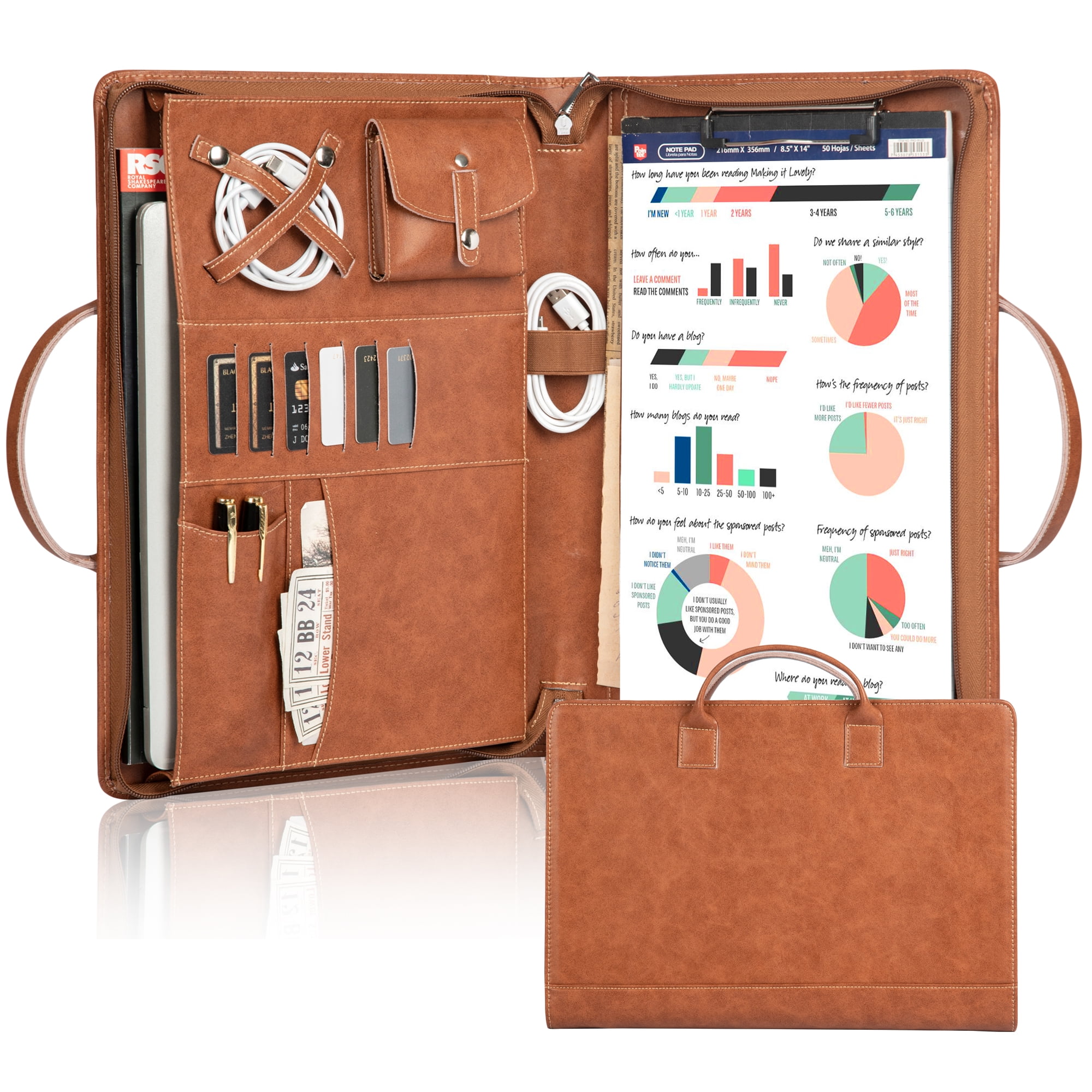 Leather Portfolio with Zipper & Handle, Handmade Resume Portfolio for